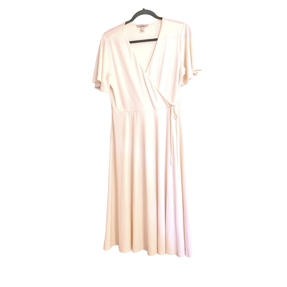 H&M Women Medium Cream White Short Sleeve Faux Wrap Midi Dress Stretch Tie Waist
